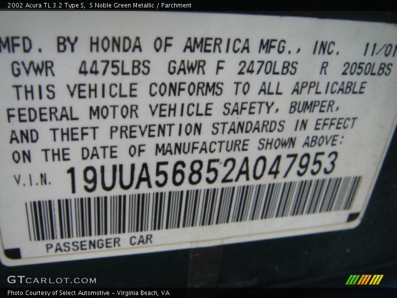 S Noble Green Metallic / Parchment 2002 Acura TL 3.2 Type S