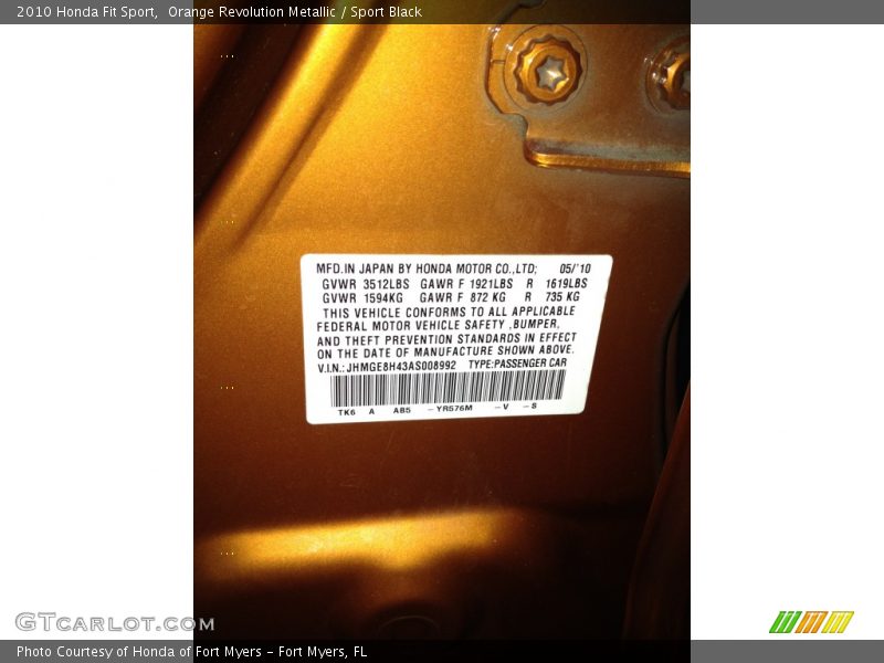 Orange Revolution Metallic / Sport Black 2010 Honda Fit Sport