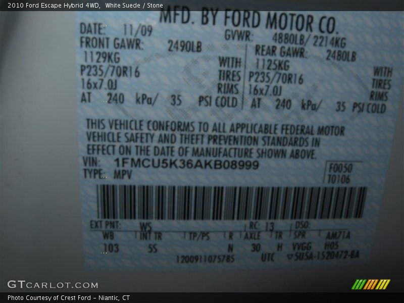 White Suede / Stone 2010 Ford Escape Hybrid 4WD