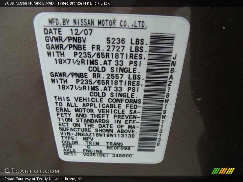 Tinted Bronze Metallic / Black 2009 Nissan Murano S AWD