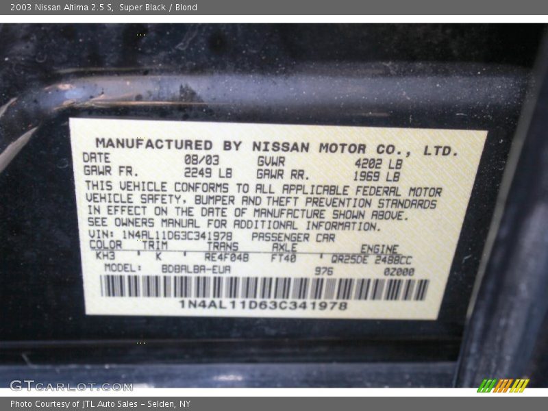Super Black / Blond 2003 Nissan Altima 2.5 S