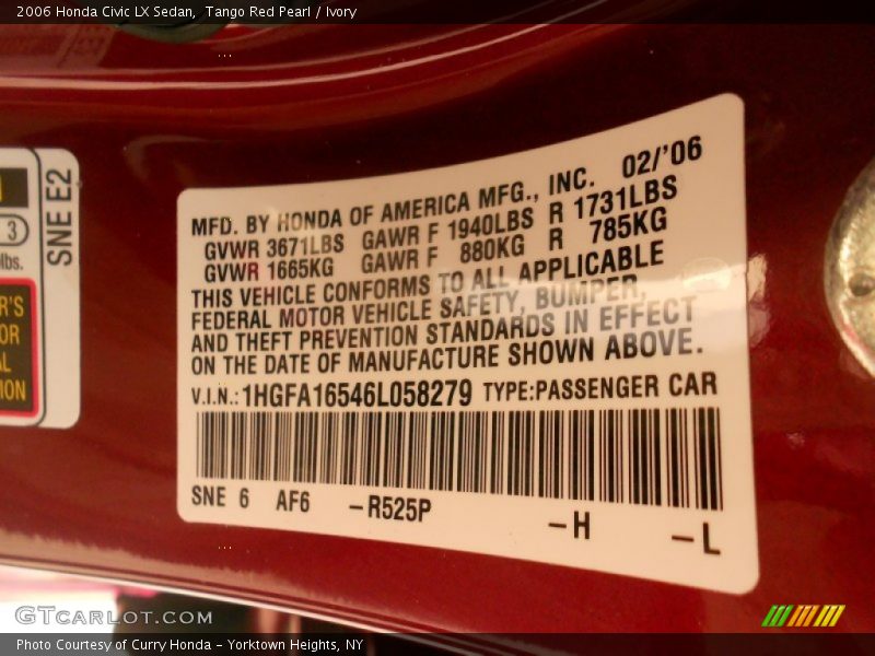 2006 Civic LX Sedan Tango Red Pearl Color Code R525P