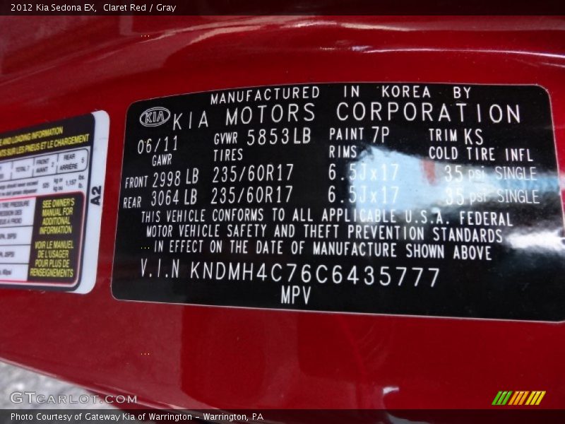 Claret Red / Gray 2012 Kia Sedona EX