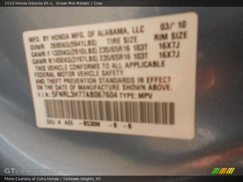 Ocean Mist Metallic / Gray 2010 Honda Odyssey EX-L