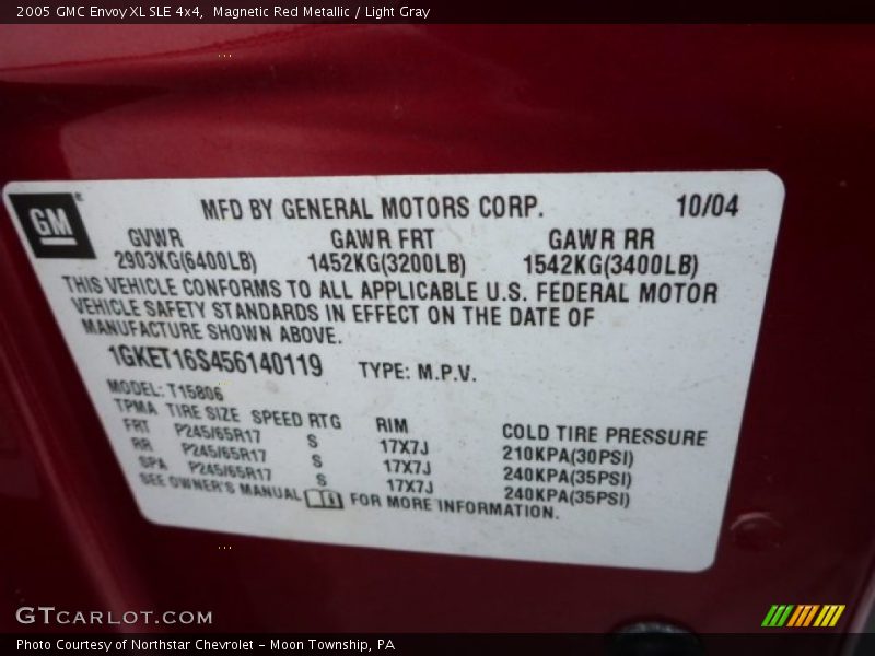 Info Tag of 2005 Envoy XL SLE 4x4