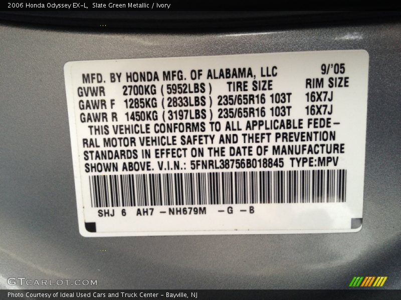 2006 Odyssey EX-L Slate Green Metallic Color Code NH679M
