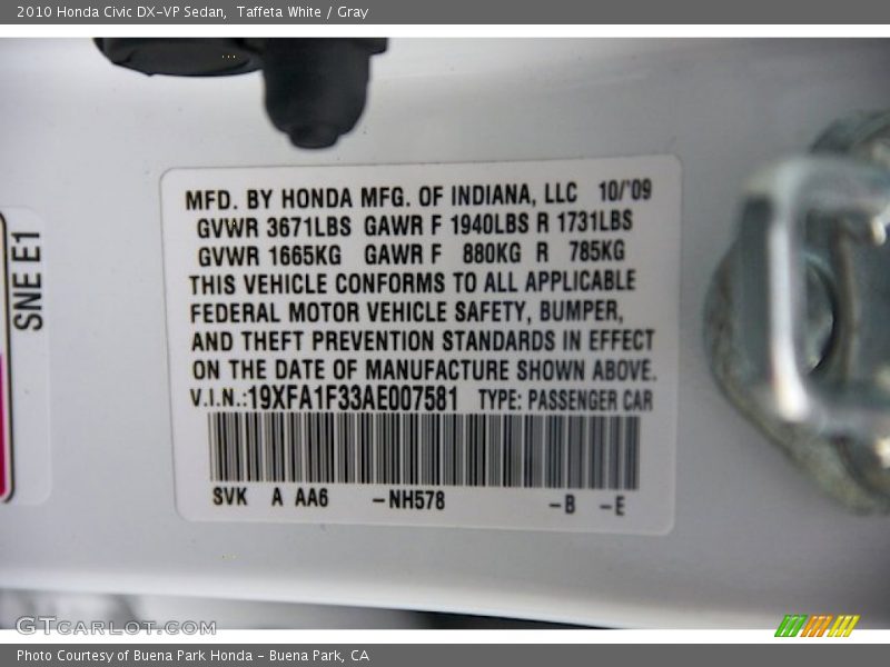 Taffeta White / Gray 2010 Honda Civic DX-VP Sedan