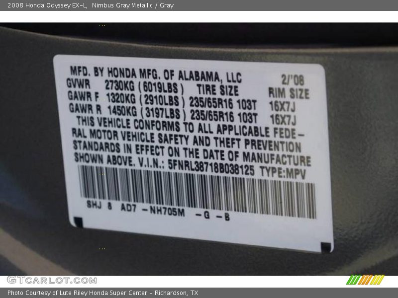 Nimbus Gray Metallic / Gray 2008 Honda Odyssey EX-L