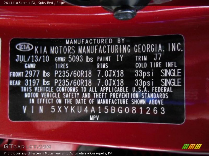2011 Sorento EX Spicy Red Color Code IY