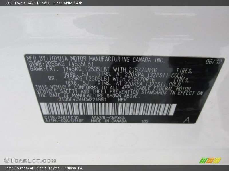 2012 RAV4 I4 4WD Super White Color Code 040