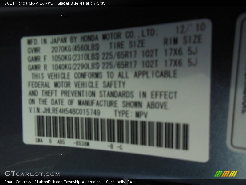 Glacier Blue Metallic / Gray 2011 Honda CR-V EX 4WD
