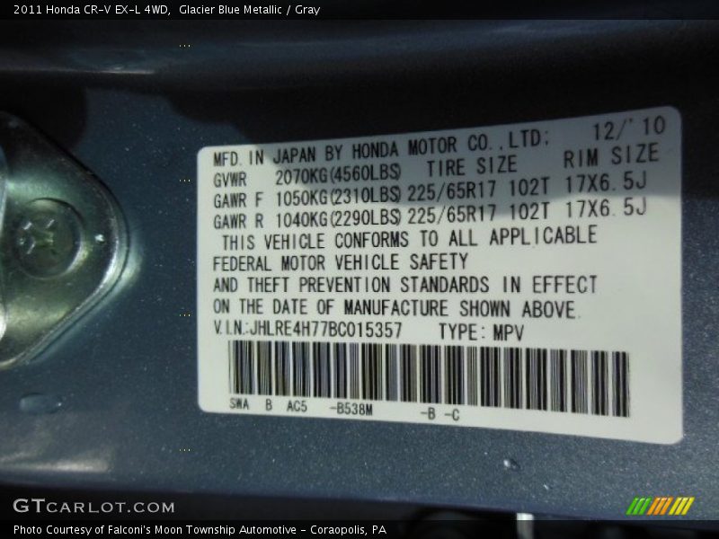 Glacier Blue Metallic / Gray 2011 Honda CR-V EX-L 4WD