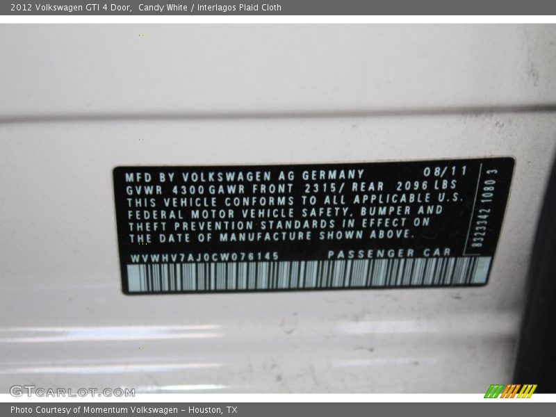 Candy White / Interlagos Plaid Cloth 2012 Volkswagen GTI 4 Door