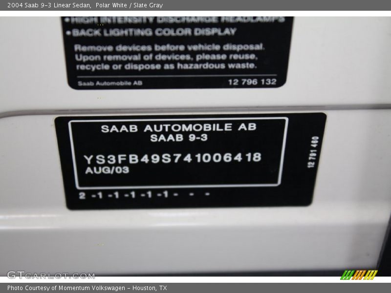 Polar White / Slate Gray 2004 Saab 9-3 Linear Sedan
