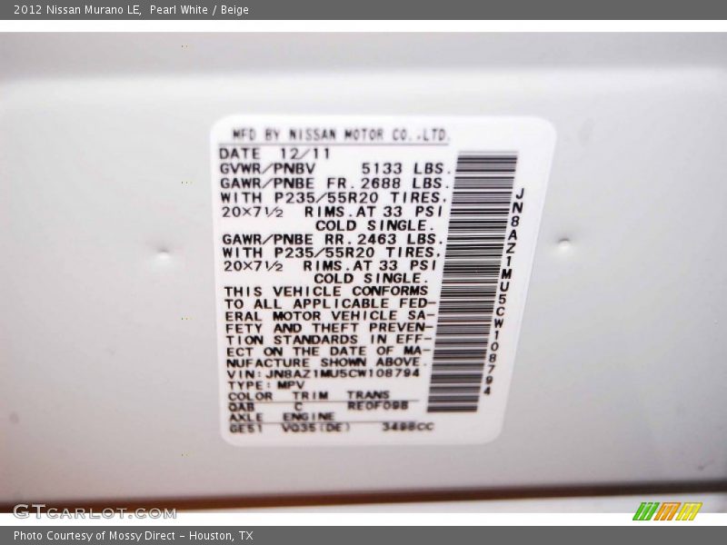 Pearl White / Beige 2012 Nissan Murano LE