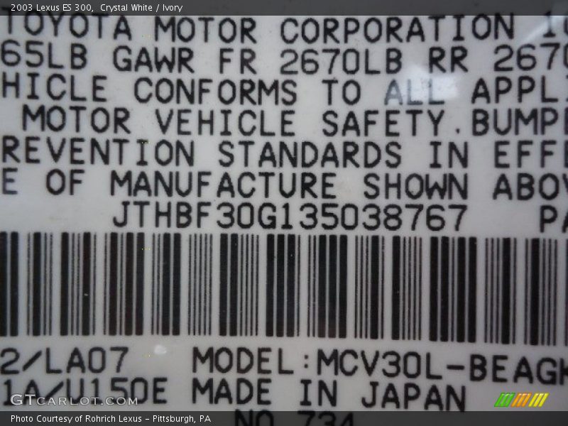 Crystal White / Ivory 2003 Lexus ES 300