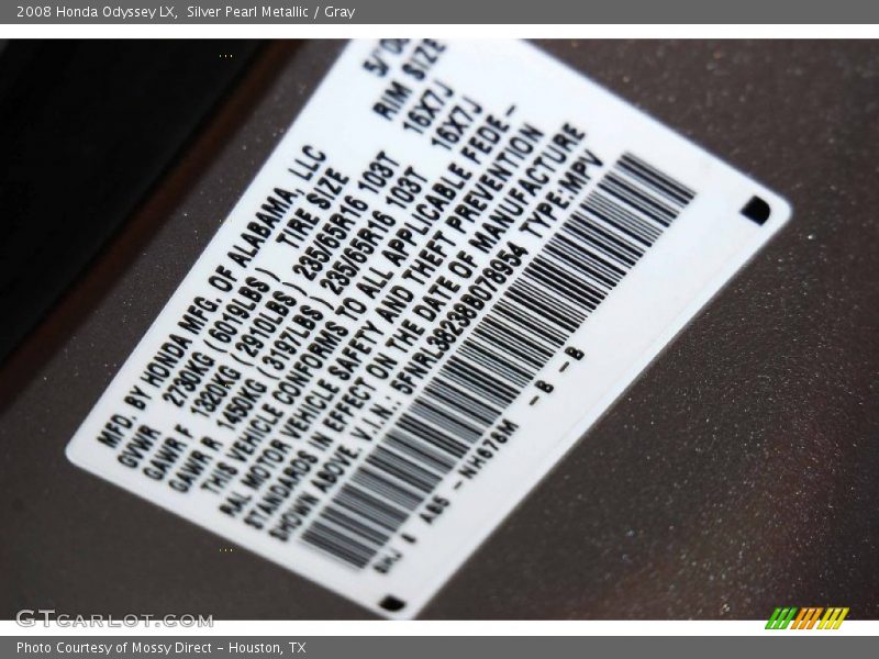 Silver Pearl Metallic / Gray 2008 Honda Odyssey LX