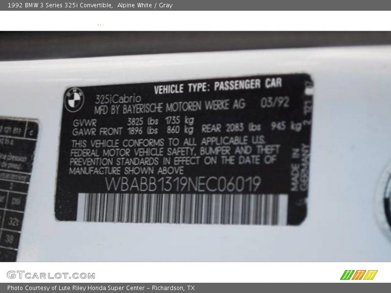 Alpine White / Gray 1992 BMW 3 Series 325i Convertible