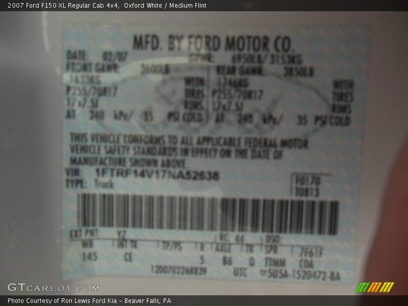 2007 F150 XL Regular Cab 4x4 Oxford White Color Code YZ