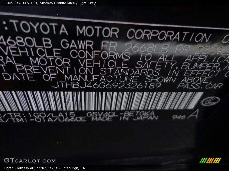 Smokey Granite Mica / Light Gray 2009 Lexus ES 350