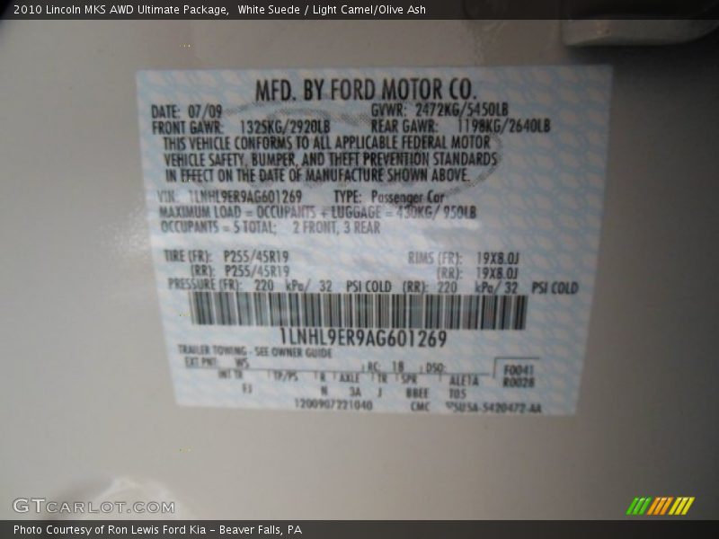 White Suede / Light Camel/Olive Ash 2010 Lincoln MKS AWD Ultimate Package