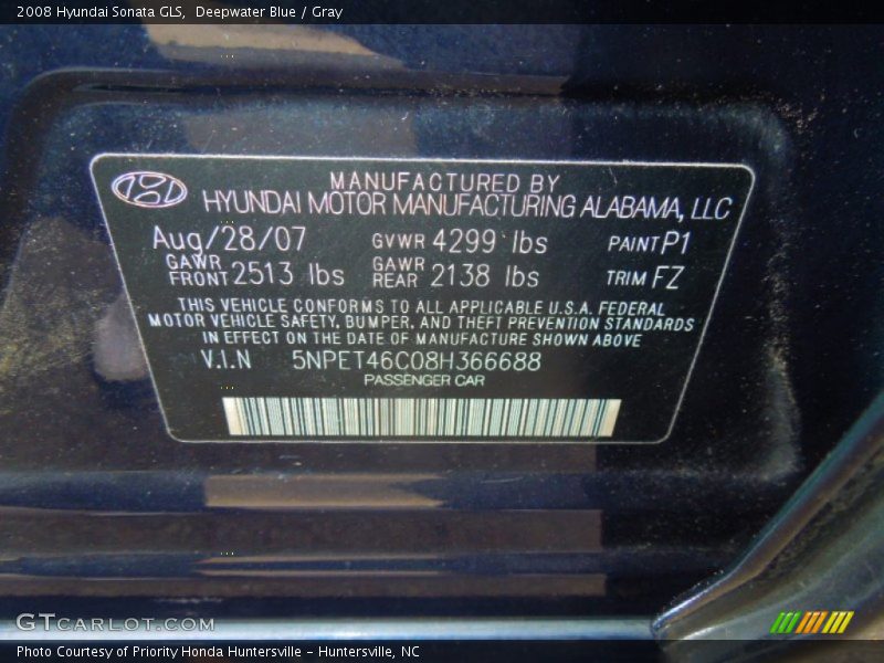 Deepwater Blue / Gray 2008 Hyundai Sonata GLS