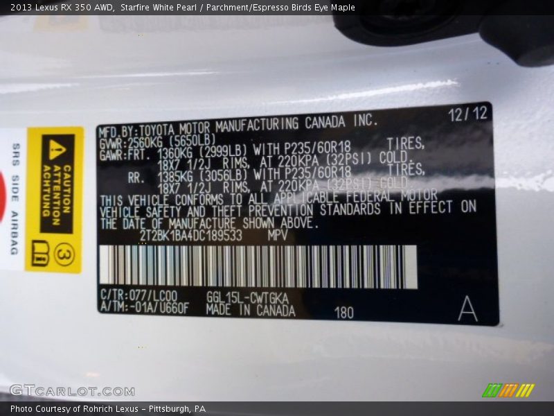Starfire White Pearl / Parchment/Espresso Birds Eye Maple 2013 Lexus RX 350 AWD