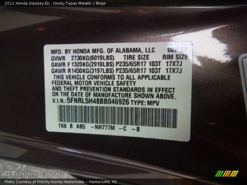 Smoky Topaz Metallic / Beige 2011 Honda Odyssey EX