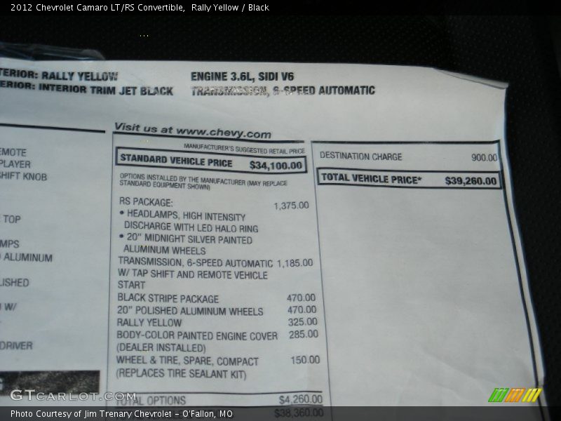  2012 Camaro LT/RS Convertible Window Sticker