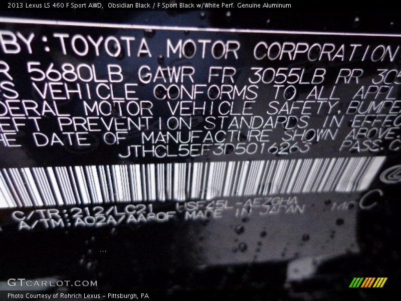 2013 LS 460 F Sport AWD Obsidian Black Color Code 212