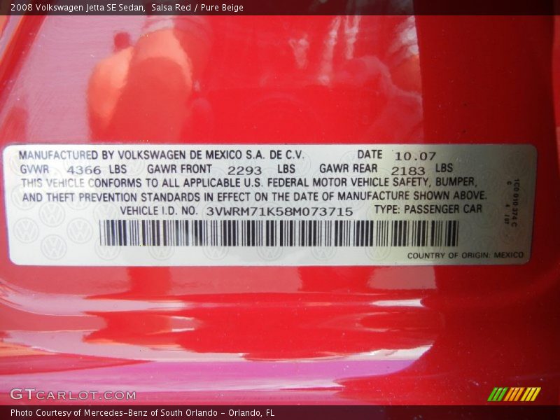 Salsa Red / Pure Beige 2008 Volkswagen Jetta SE Sedan