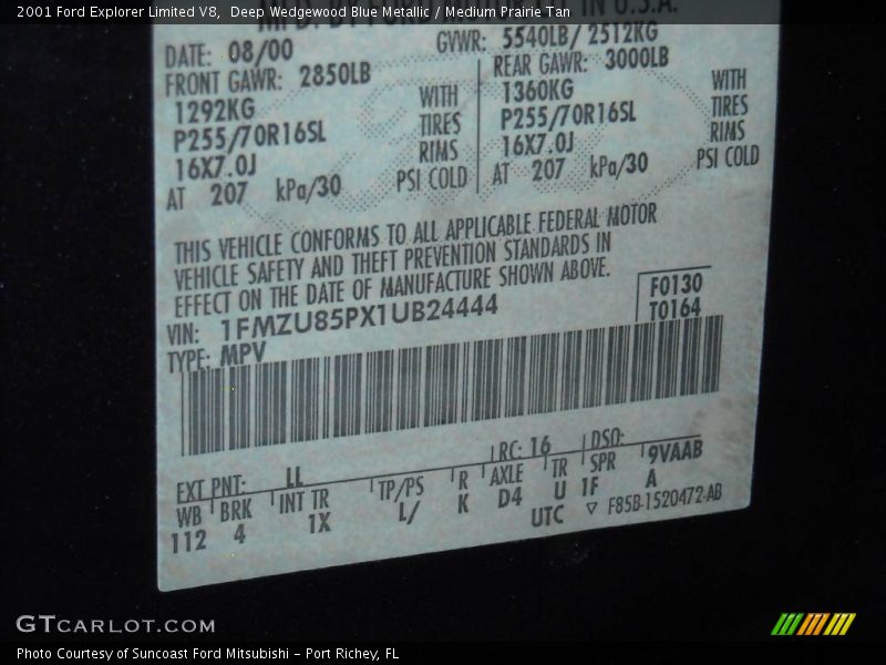 Deep Wedgewood Blue Metallic / Medium Prairie Tan 2001 Ford Explorer Limited V8