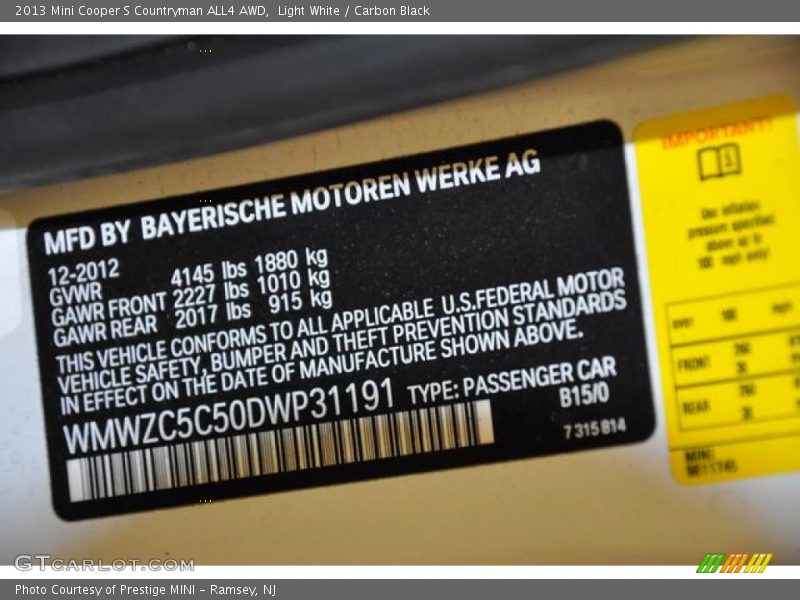 2013 Cooper S Countryman ALL4 AWD Light White Color Code B15