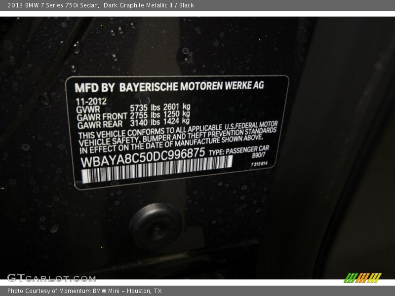 2013 7 Series 750i Sedan Dark Graphite Metallic II Color Code B90