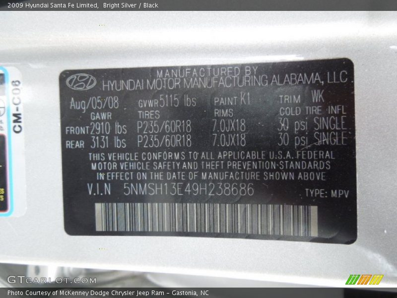 Bright Silver / Black 2009 Hyundai Santa Fe Limited