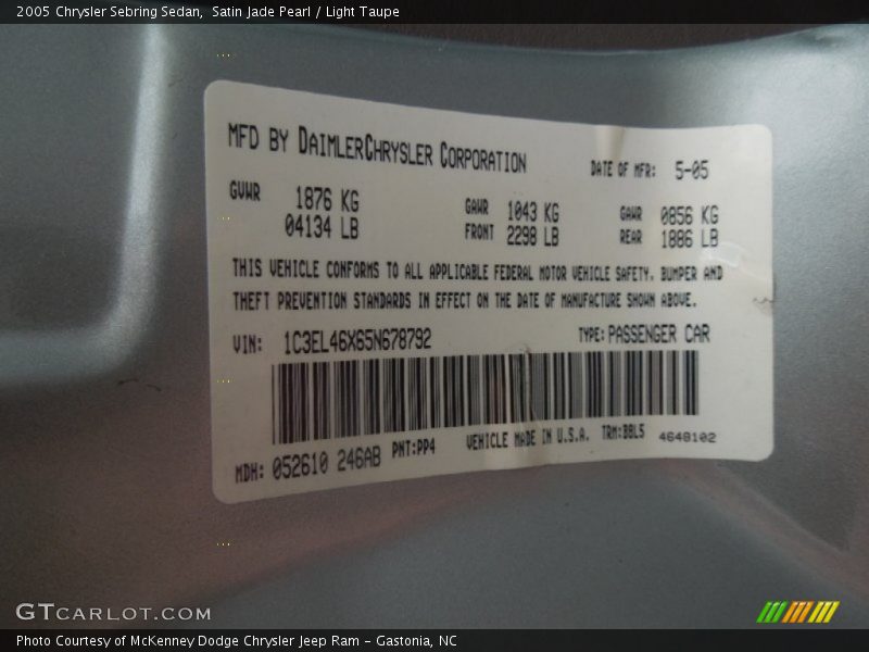 2005 Sebring Sedan Satin Jade Pearl Color Code PP4