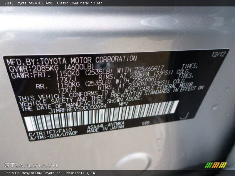 2013 RAV4 XLE AWD Classic Silver Metallic Color Code 1F7