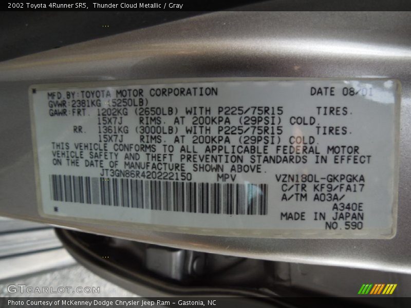 2002 4Runner SR5 Thunder Cloud Metallic Color Code KF9