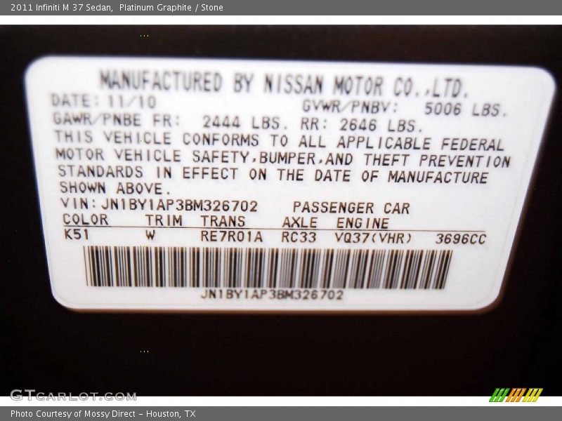 2011 M 37 Sedan Platinum Graphite Color Code K51