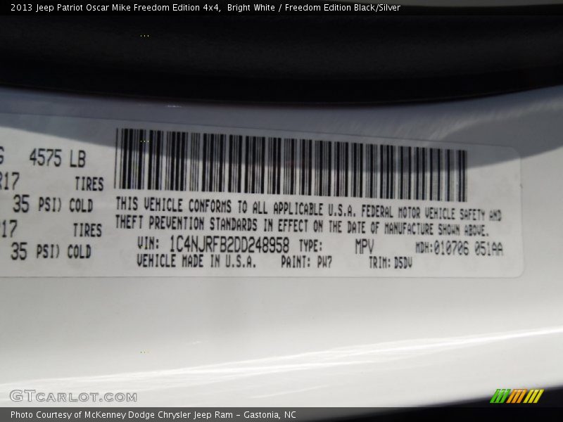 2013 Patriot Oscar Mike Freedom Edition 4x4 Bright White Color Code PW7