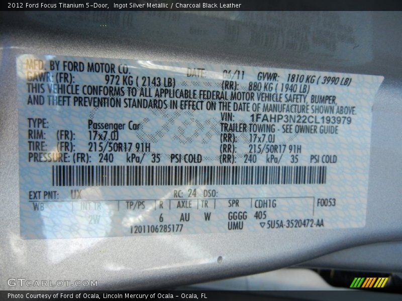 Ingot Silver Metallic / Charcoal Black Leather 2012 Ford Focus Titanium 5-Door