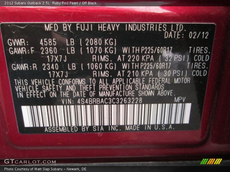 Ruby Red Pearl / Off Black 2012 Subaru Outback 2.5i