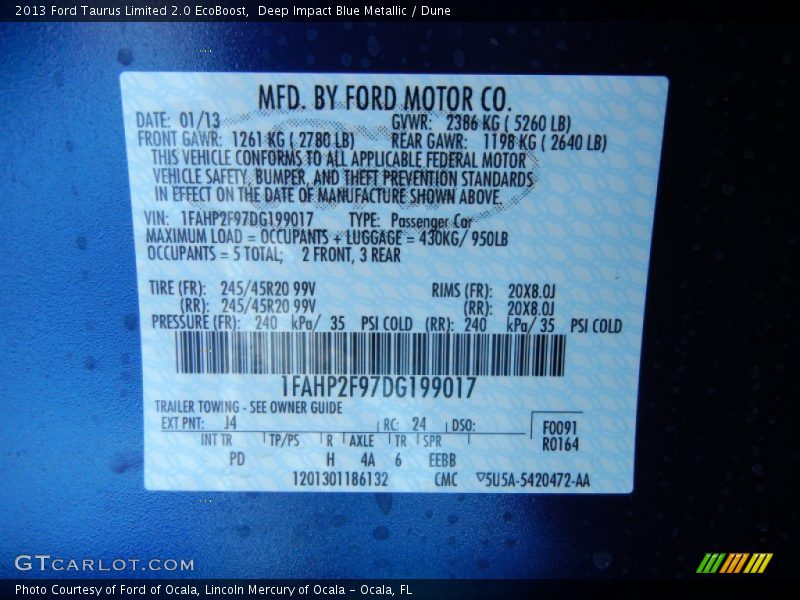 2013 Taurus Limited 2.0 EcoBoost Deep Impact Blue Metallic Color Code J4