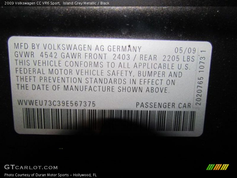 Island Grey Metallic / Black 2009 Volkswagen CC VR6 Sport