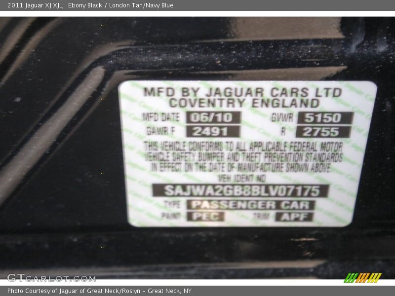 2011 XJ XJL Ebony Black Color Code PEC