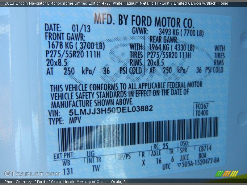 2013 Navigator L Monochrome Limited Edition 4x2 White Platinum Metallic Tri-Coat Color Code UG