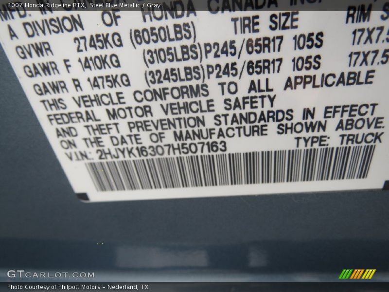 Steel Blue Metallic / Gray 2007 Honda Ridgeline RTX