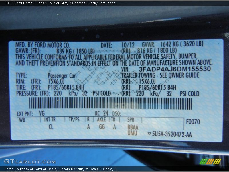 Violet Gray / Charcoal Black/Light Stone 2013 Ford Fiesta S Sedan