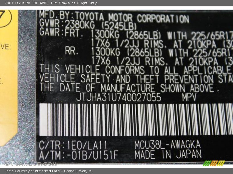 2004 RX 330 AWD Flint Gray Mica Color Code 1E0
