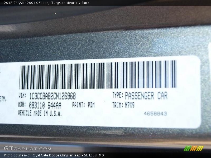 Tungsten Metallic / Black 2012 Chrysler 200 LX Sedan